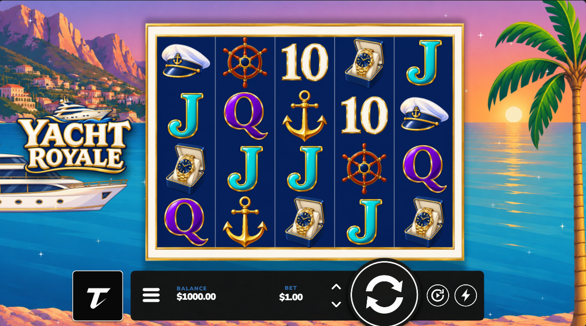 A finished yacht-themed casino game with five reels and a complete player interface