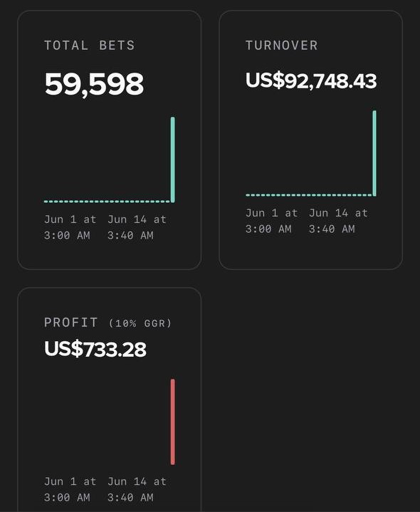 Reporting screen showing total bets, turnover and profit